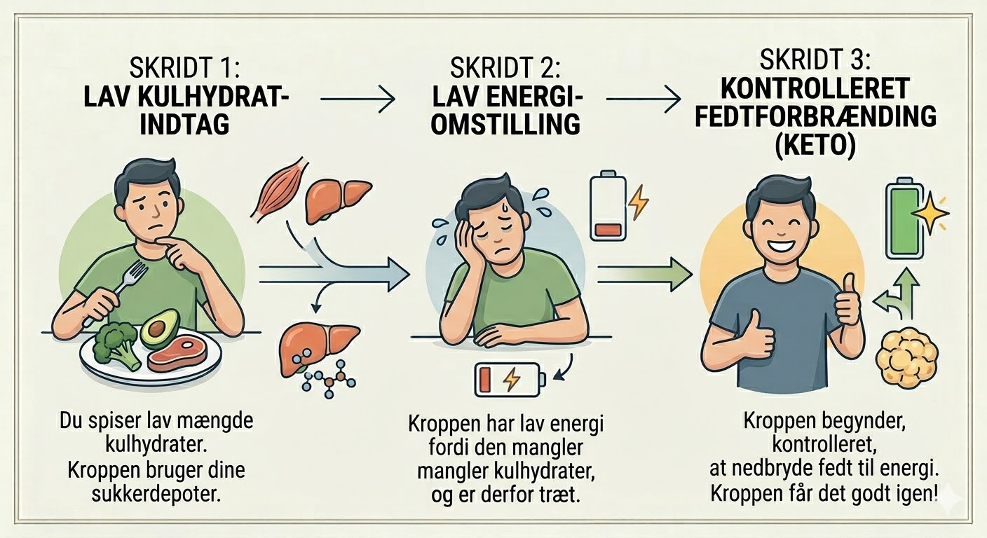 Infografik: tre trin fra dieselbil til elbil – analogi for kroppens omstilling fra kulhydrat- til fedtforbrænding på keto