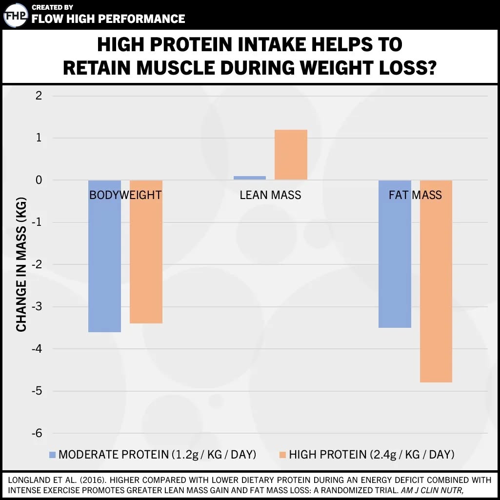 Sammenligning af vægttab: høj-proteinkost bevarer muskelmasse mens fedt tabes; almindelig kost kan give både muskel- og fedttab.